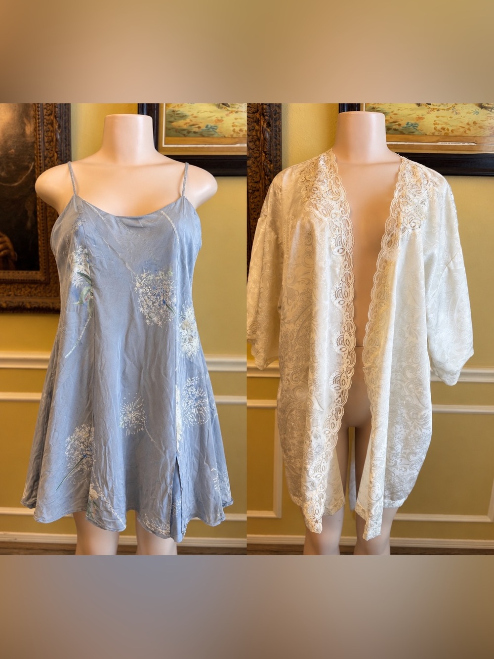 Victoria's Secret Robe and Dusty Blue Satin Slip with Subtle Pale Print
